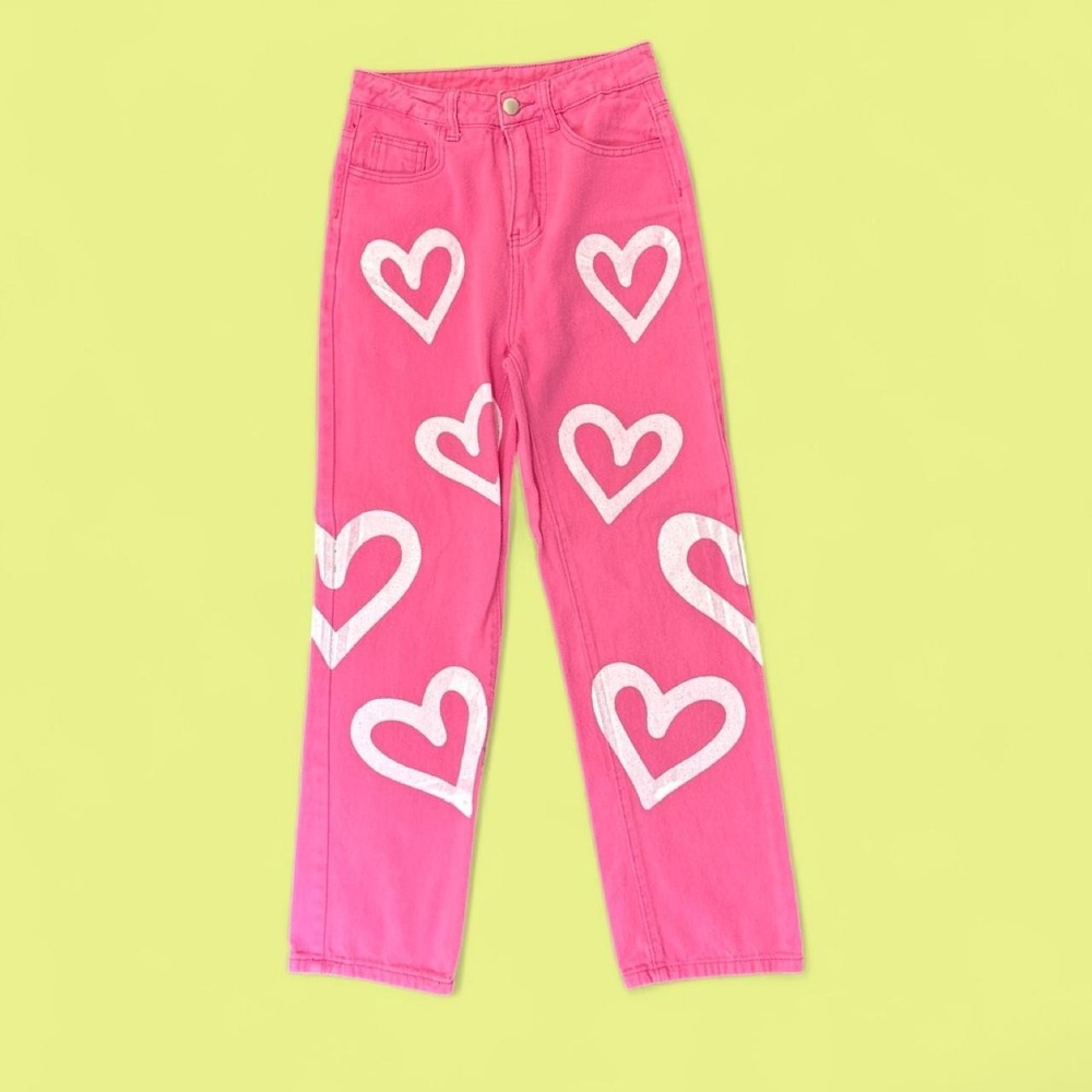 Y2K Pink Heart Print Straight Leg Jeans | Women's XS